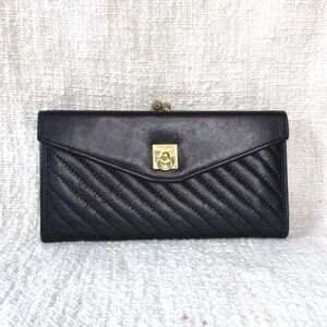 Vintage Celine Paris Black Leather Wallet with Kiss-Lock Coin Purse‎